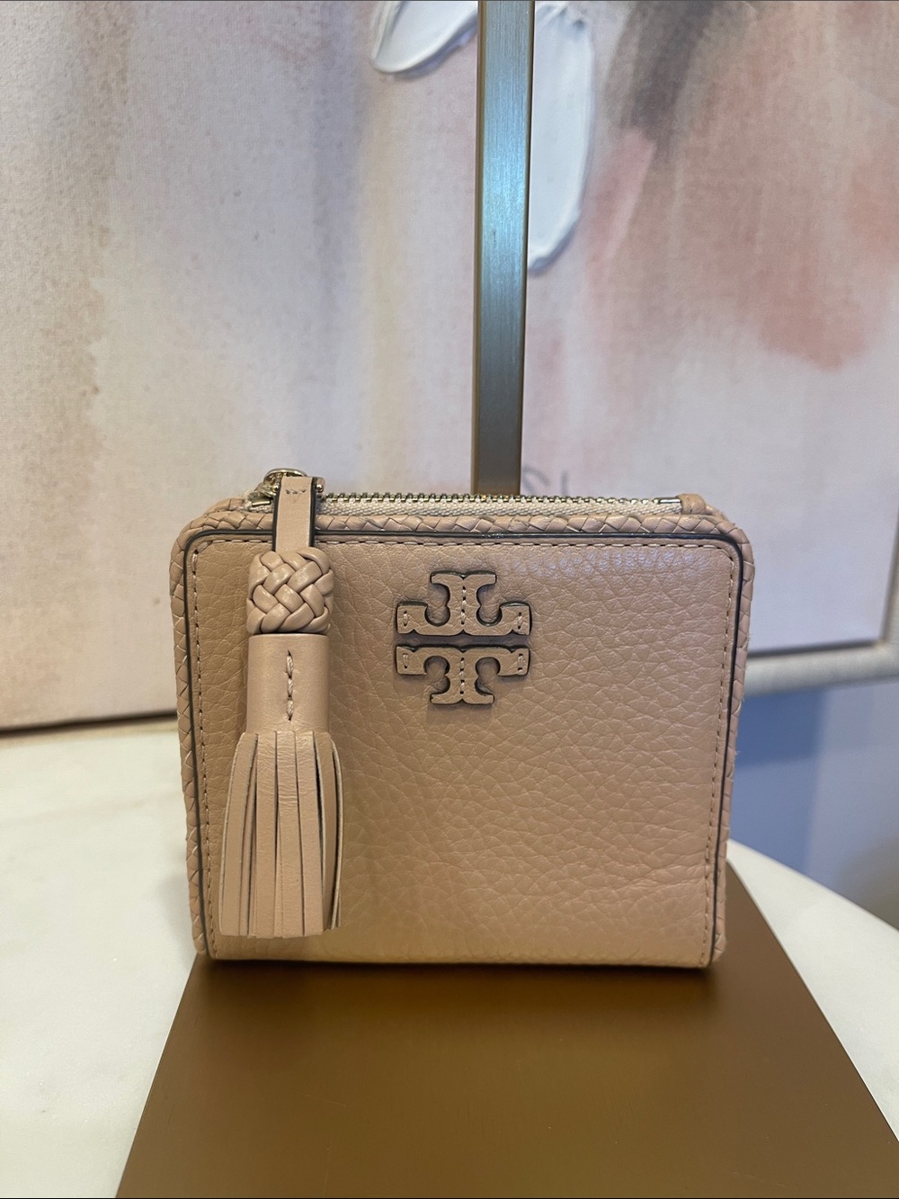 Tory Burch Pebble Leather Tassel Zip Wallet in Beige